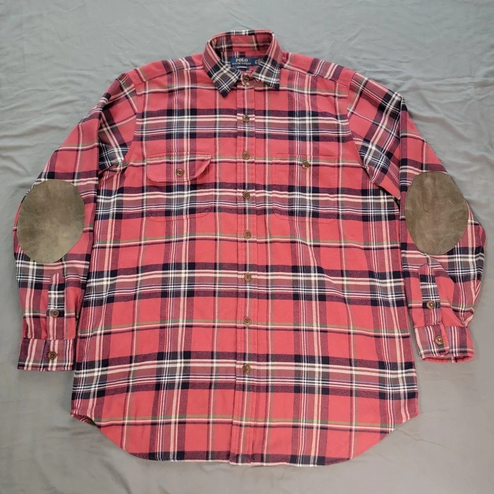 Polo Ralph Lauren Flannel Shirt Men's Large Tall Red Plaid Elbow Patches Pockets